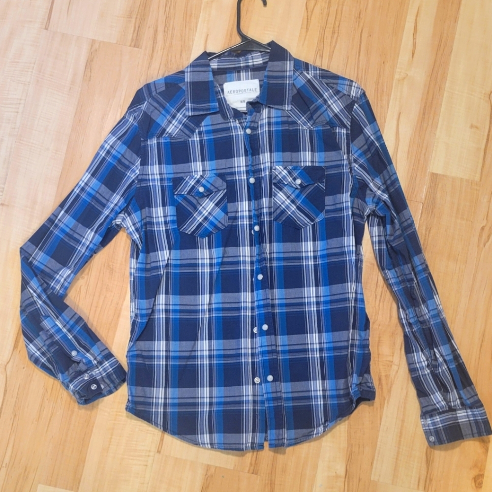 Mens Aeropostale Blue Plaid Button Down Shirt - M